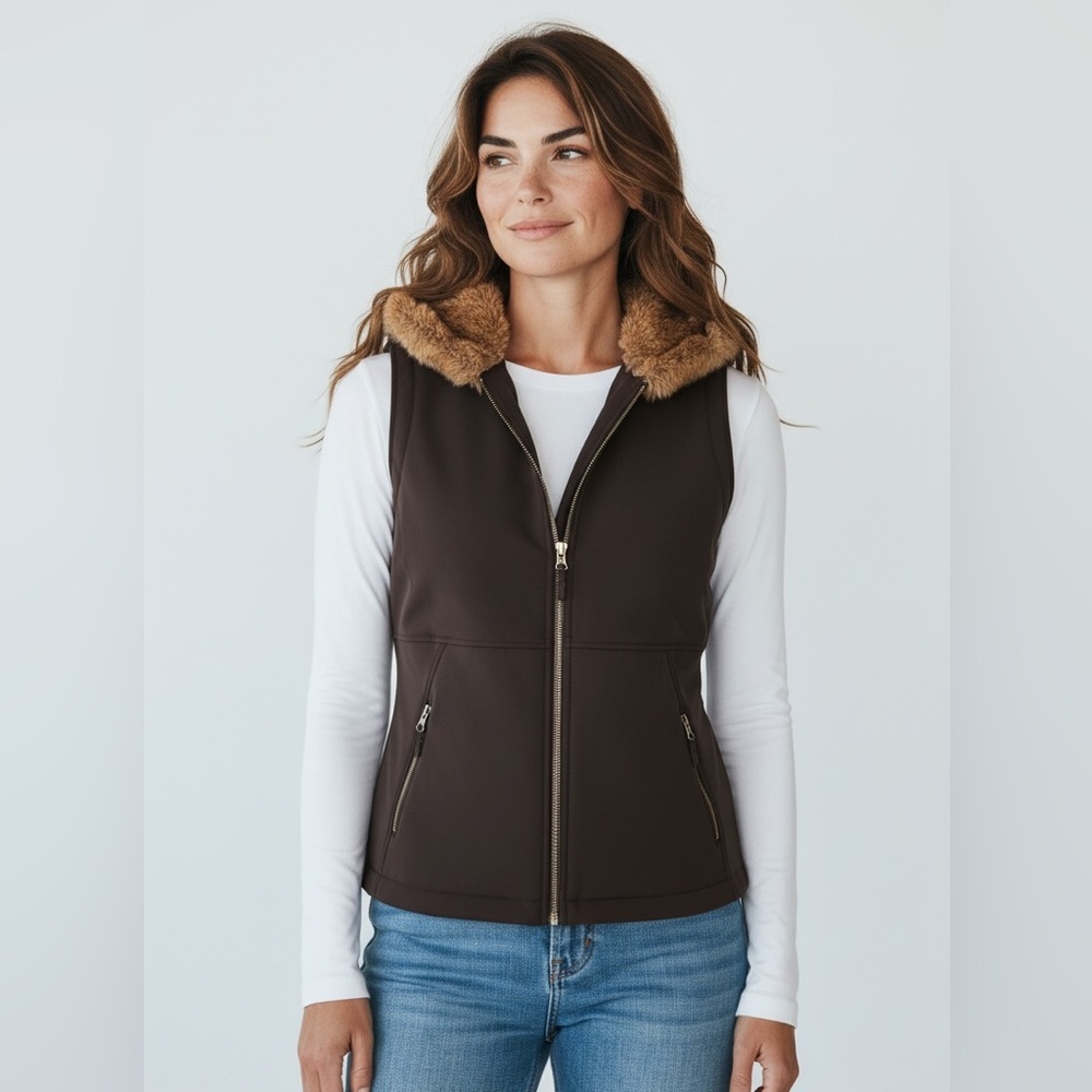 MARMOT ladies, hooded faux fur vest excellent condition zip up size LARGE